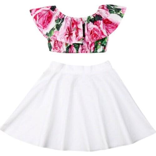 1-6Y Toddler Kid Baby Girls Clothing Set Flower Ruffles Off Shoulder Tops + White Skirts Summer Chidlren Girls Costumes