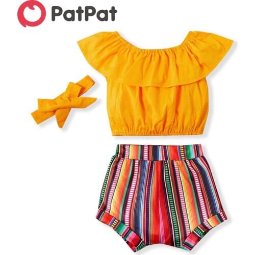 PatPat 20202 New Summer 3-piece Baby Girl Flounced Word shoulder Top and Multi-color Rainbow bar Shorts Set Clothes Headband