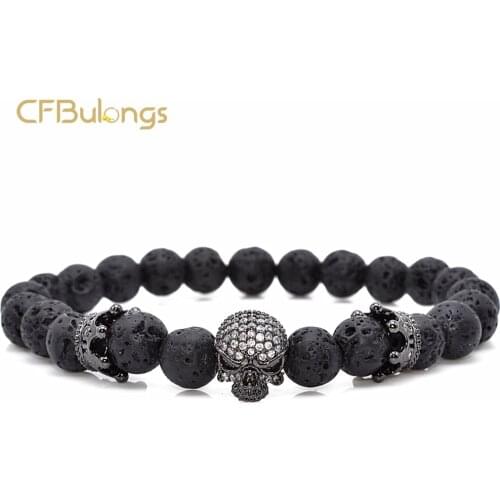 CFBulongs Fashion Natural Beaded Men Jewelry Micro Dense Inlaid CZ Zircon Skull Black Lava Stone Elastic Bracelet