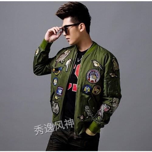 Korean New Men Clothing Casual Zipper Jacket Badge Personality Bird Embroidery Jackets Men Loose Long Sleeve Trend Fashion Coat