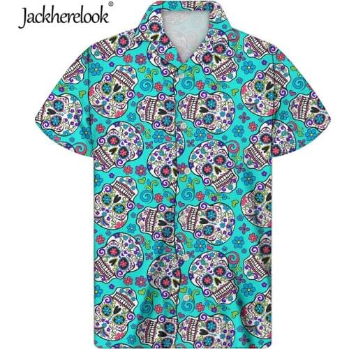 Jackherelook Beach Shirts Men Summer Vacation Camisas Para Hombre Sugar Skull Short Sleeve Button Down Hawaiian Shirts for Men