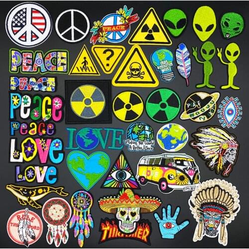 Alien earth warning PEACE & LOVE Patch Embroidery Iron On Patches For Clothing Jeans Jacket Cap Applique Badge DIY Accessories