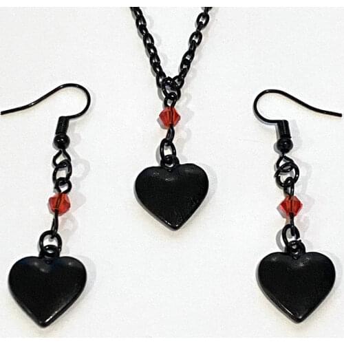 Hot 1 set Black Heart Necklace&Earrings with Red Crystal Beads, Gothic Victorian