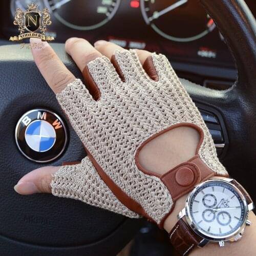 2020 Latest Man Locomotive Half Finger Sheepskin Gloves Knitted + Leather Driving Gloves Male Semi-Finger Fitness Gloves M-61