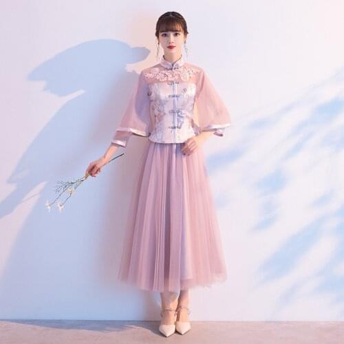 Pink Chinese Women Cheongsam Qipao Elegant Embroidery Bride Chinese Traditional Wedding Dress Costume Oriental Marriage Set