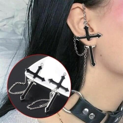 1 Pair Gothic Chained Cross Statement Earrings For Women Teens Girls Cool Punk Stud Earrings Party Fashion Jewelry Gifts