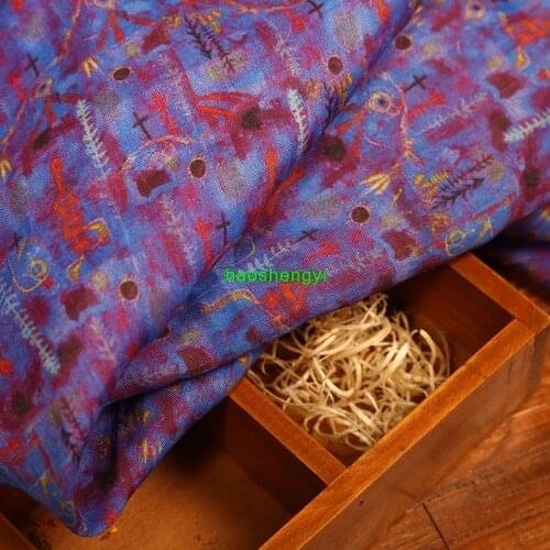 High-quality purple-blue floral ramie garment fabric