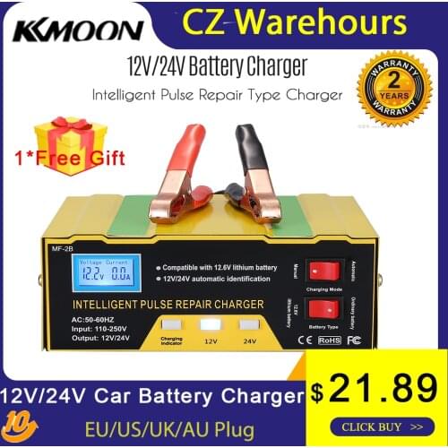 12V/24V Car Battery Charger Intelligent Pulse Repair Type Charger with Digital Display for Car Cell Motorcycle Battery EU Plug