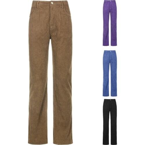 Women Autumn Low Waist Velvet Long Pants Simple Solid Color Ribbed Striped Straight Leg Trousers Zipper Button Loose Harajuku St