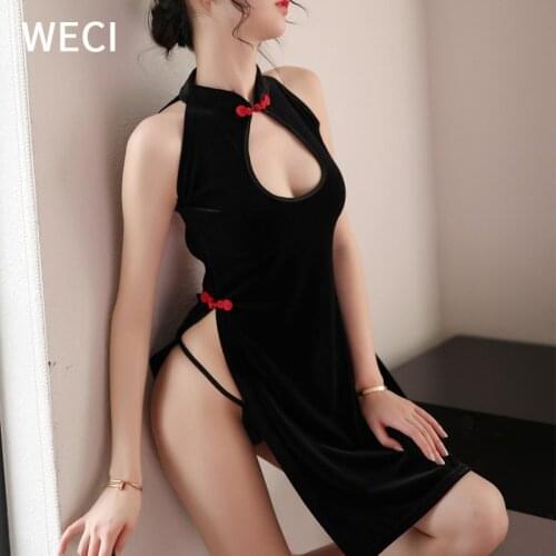 WECI Velvet Split Cheongsam Dress Women Robe Sexy Lingere Erotic Classical Costume Go Go Pole Dance Exotic Cabaret Chinese Folk