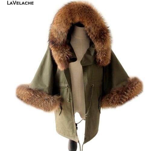 Women Winter Coat Jacket Raccoon Large Fur Collar Army Green Casual Overcoat Flare Sleeve Cloak Cotton-padded Outerwear