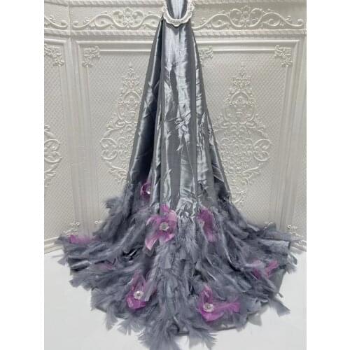 5yards/pc) Newest feather appliqued satin African party lace fabric with sequins beads flowers for dress FXZ099