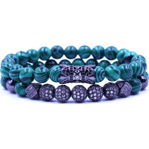 8mm 2PCS/Set yfy4 elastic adjusted nature malachite bead micro pave cz zircon cubic zirconia tube Bracelet
