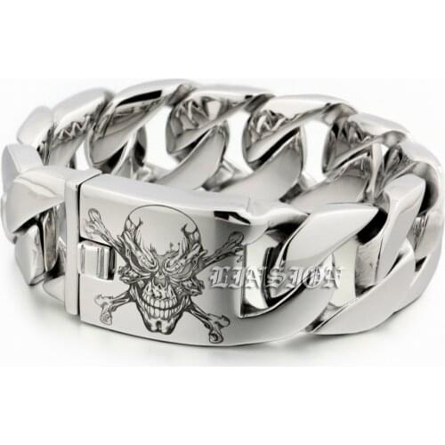6 Lengths Huge Heavy 316L Stainless Steel Deep Engraved Pirate Skull Mens Boys Biker Rock Punk Curb Link Bracelet 5D101