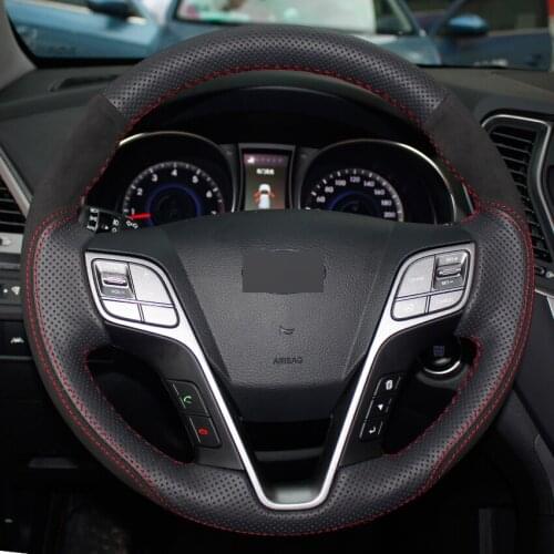 Black Leather Suede Hand-stitched Car Steering Wheel Cover for Hyundai Santa Fe 13-15 Hyundai ix45