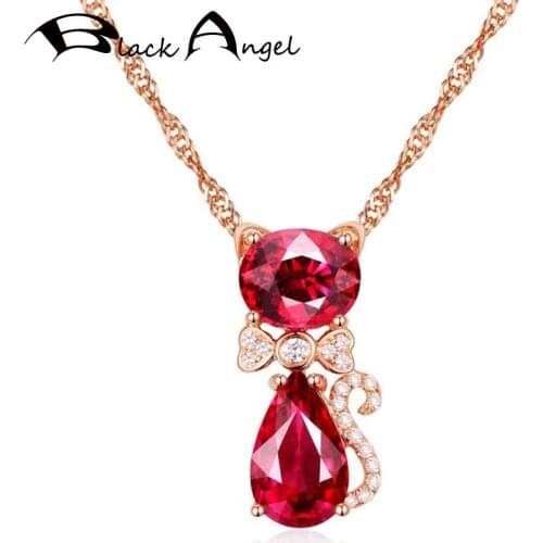 BLACK ANGEL Lovely Cat 18K Rose Gold Ruby Rose Red Gemstone Cute Kitten Pendant Necklace for Women CZ Jewelry Girlfriend Gift