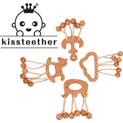 Kissteether Baby Toys Beech Wood Teething Animal Cartoon Wooden Bead Baby Stroller Toy Making Noise Rattle Gift DIY Baby Rattle