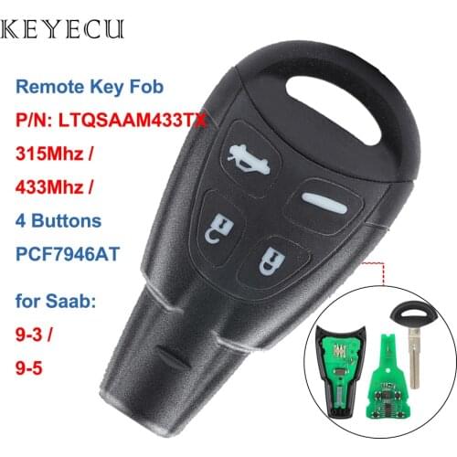 Keyecu Remote Car Key Fob 315 / 433MHz PCF7946AT for SAAB 9-3 9-5 2003 2004 2005 2006 2007 2008 2009 2010 2011 P/N: LTQSAAM433TX