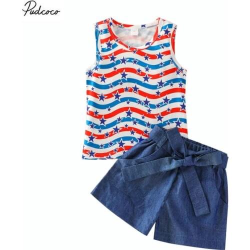 2Pcs/Set Sweet Infant Kids Girls Outfit Summer Autumn Creative Star Printing Sleeveless Vest Top + Solid Color Denim Shorts Kit