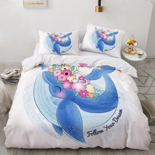 Caroon Whale With Girl Duvet Cover Set Bedspreads Kids Bedding Set Blue Bedclothes 2/3pcs Twin Full Queen Bed Cover