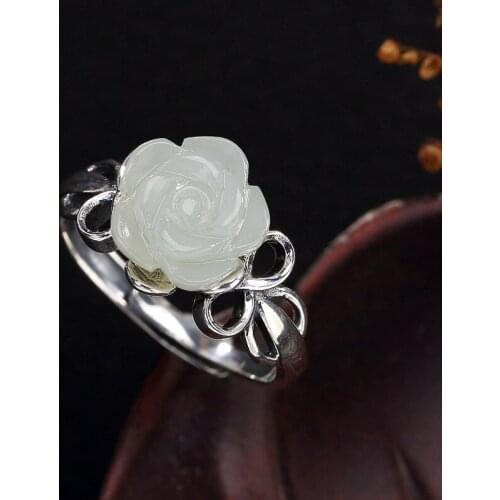 L&P S925 pure silver inlay restoring ancient ways hetian jade white jade lady rose silver ring ring wholesale