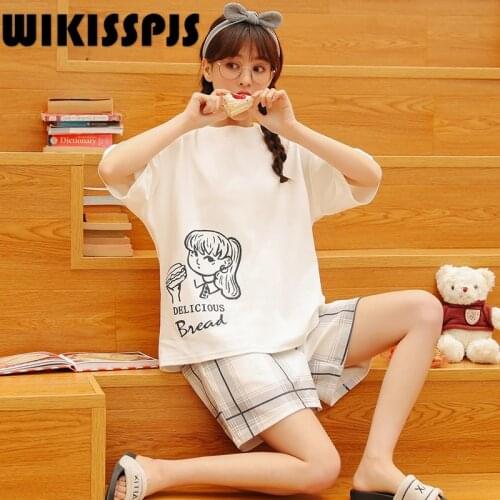 2021 SummerNew Cotton Short Sleeve Suit CartoonGirl Lattice Fashion Loose Home Suit LoungeWear Bedroom Set Pajamas forTeenGirls