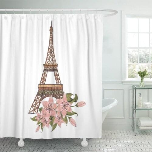 Love Eiffel Tower Flowers Hand Paris Architecture Beautiful Building Bathroom Curtain Waterproof Polyester Fabric 60 x 72 inches