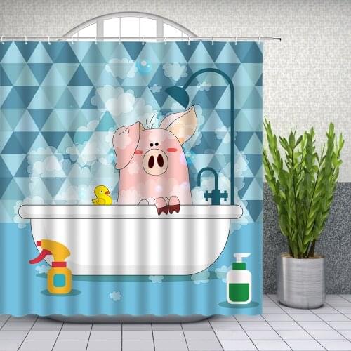 Cartoon Animal Shower Curtains Funny Pig Bathing Cute Kids Bathroom Decor Waterproof Polyester Home Bath Cloth Curtain Set