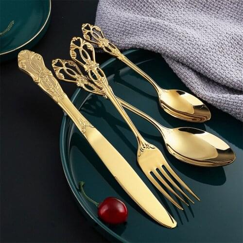 4/6pcs/Set Dinnerware Set Gold Cutlery 304 Stainless Steel Vintage Western Gold Plated Tableware Sets For Royal Hotel Banquet