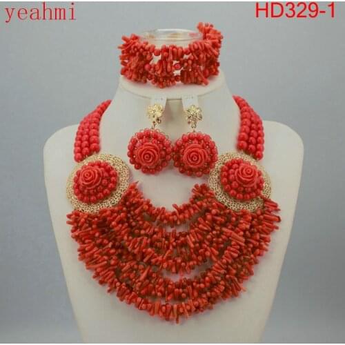 Nigerian Wedding Beads Jewery Set African Red Coral Beads Jewelry Set 2019 New Bridal Jewelry Best Selling Free Shipping HD329-1