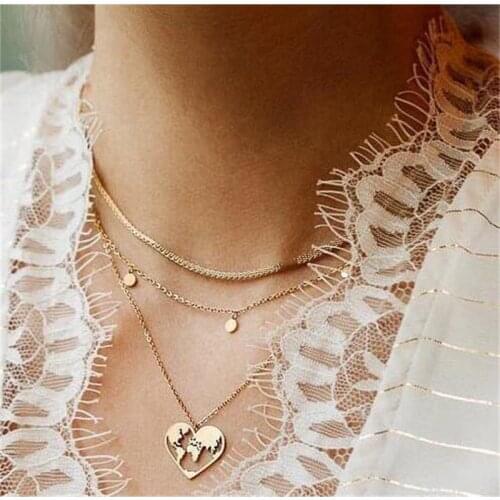 New necklace creative small circle heart-shaped hollow map pendant multi-layer three-layer Necklace