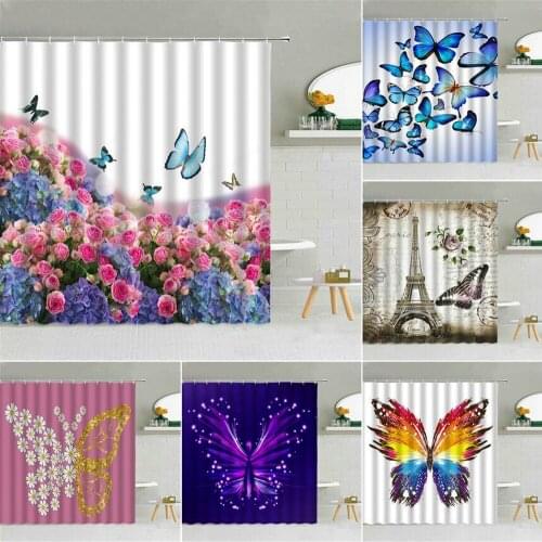 Romantic Rose Flower Shower Curtain Colorful Butterfly Flying Floral Scenery Waterproof Fabric Hooks Curtains Set Bathroom Decor