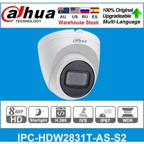 Dahua Original IPC-HDW2831T-AS 8MP POE Built-in Mic SD Card Slot H.265+ 30M IR IVS IP67 Starlight Eyeball IP Camera