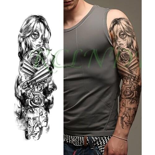 Waterproof Temporary Tattoo Sticker gun flower mask long hair girl full arm large black fake tatto flash tatoo for men women