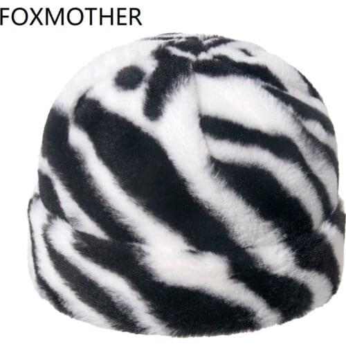 FOXMOTHER New Fashion Faux Fur Warm Zebra Beanie Hat Women Gorros Female Winter Caps Ladies
