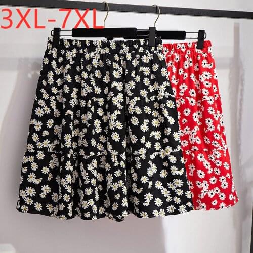 New 2021 summer Korea plus size midi skirt for women large casual loose floral pleated skirts black red 3XL 4XL 5XL 6XL 7XL