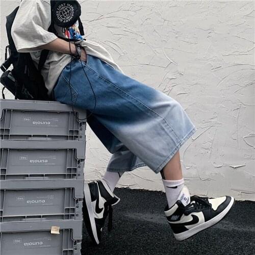 Womens Summer Short Jeans 2021 New High-Waist Wide-Leg Denim Shorts Retro Gradient Loose Cropped Pants Streetwear