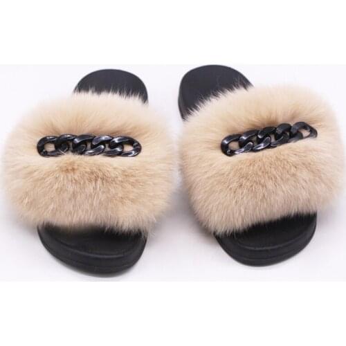 Ladies Real Fox Raccoon Fur Slippers 2021 Summer New Chain Decoration Indoor Fluffy Furry Flat Shoes Sandals for Women TX34