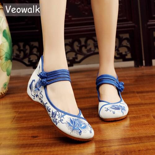 Veowalk Double Strap Women Canvas Embroidered Ballet Flats Vintage Chinese Style Ladies Casual Mid Top Comfort Cotton Shoes
