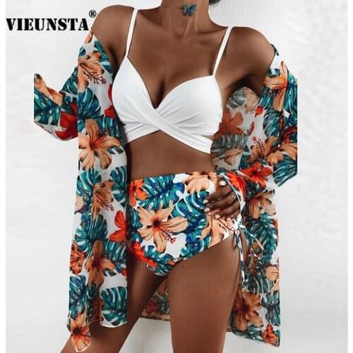 Women Sexy Three Piece Bikini Sets Summer Strap Bra + Cardigan Tops Bathing Suit Fashion Flower Print Bikini Swimsuit Brazilian