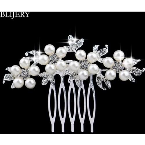 BLIJERY Pretty Crystal Rhinestone Pearls Floral Bridal Hair Combs Headpiece Women Hair Jewelry Party Wedding Hair Accessories