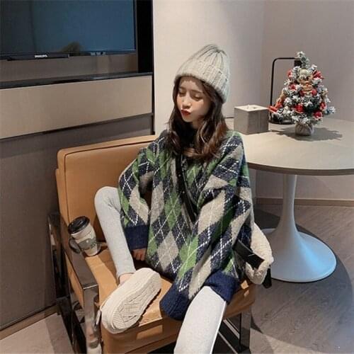 Diamond Contrast Sweater Women 2020 Autumn and Winter New Korean Style Loose Long-sleeved Round Neck Fashion Lazy Style Top