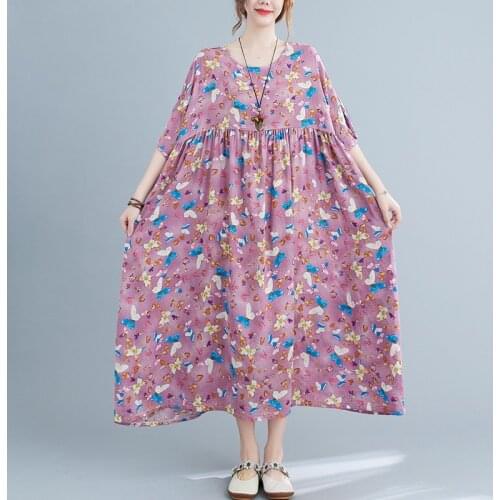 Oversized Women Summer Cotton Casual Dress New 2021 Vintage Style Floral Print Loose Comfortable Female Long Dresses B603