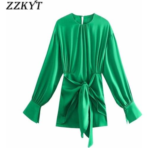 ZZKYT 2021 Women Spring Fashion Solid Bow Tie Zipper Mini Dress Vintage O-Neck Long Sleeve Female Party Dresses Chic Vestidos