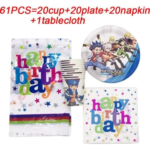 Beyblade Theme Kids Birthday Plates Cups Napkin Tablecloth Disposable Tableware Beyblade Baby Shower Party Decoration Set 61pcs