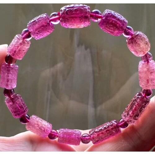 Certificate Natural Pink Red Tourmaline Rare Bracelet Barrel Clear Craved Beads 8mm Crystal Brazil Chain AAAAAA Drop Shipping