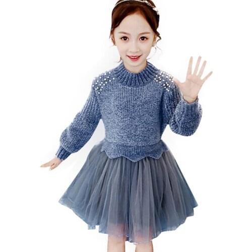 Dress Girl Patchwork Girls Party Dress Knitted Sweater Children Dress Autumn Lolita Childrens Tutu Dress For Girls 6 8 10 12 14
