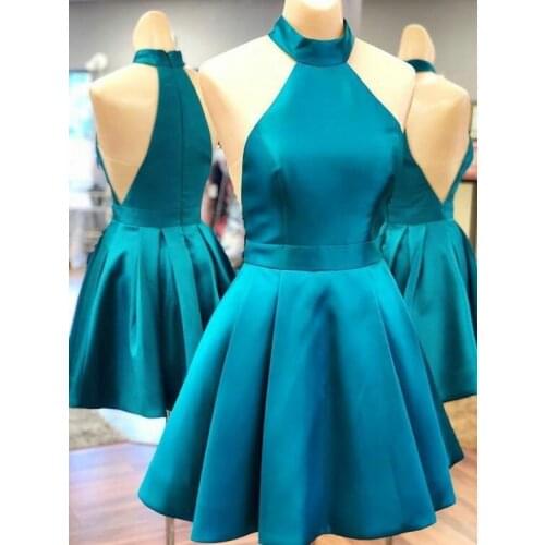 Elegant High Neck Peacock Blue Short Satin Homecoming Dresses with Pockets Knee Length Zipper Back Graduation Dress for Juniors