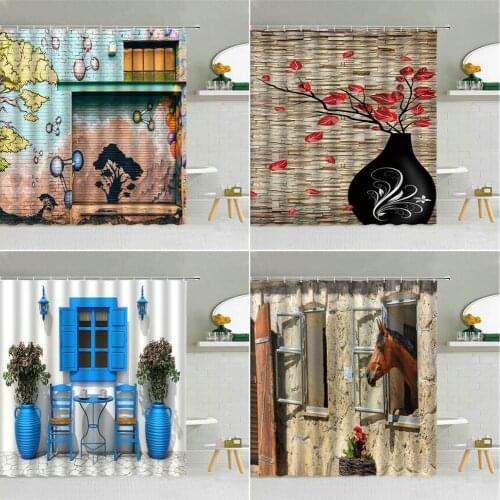 Europe Vintage Old Wall Graffiti Shower Curtain Wood Door Window Flower Tree Horse Bathroom Decor Waterproof Fabric Curtains