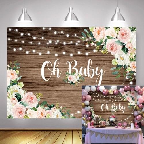 Oh Baby Rustic Wood Baby Shower Backdrop Photocall Newborn Floral Girl Birthday Background Neutral Brown Wooden Photography Prop